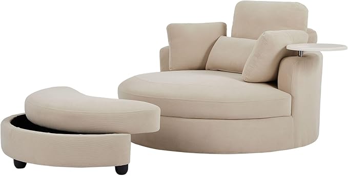 DEINPPA Swivel Accent Chair with Armrest Tray Round Barrel Chairs with Ottoman for Living Room Bedroom-Corduroy Fabric-Beige