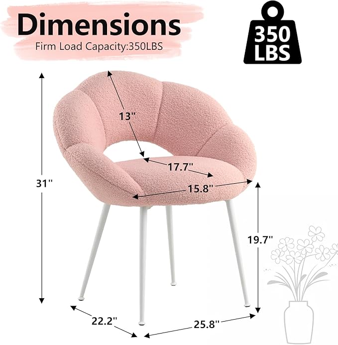Petal Makeup Vanity Chair with BackUpholstered Makeup Accent Reading Chair No WheelsModern Dining Chair for HomeOfficeBedroomTeddy Plush (Pink)