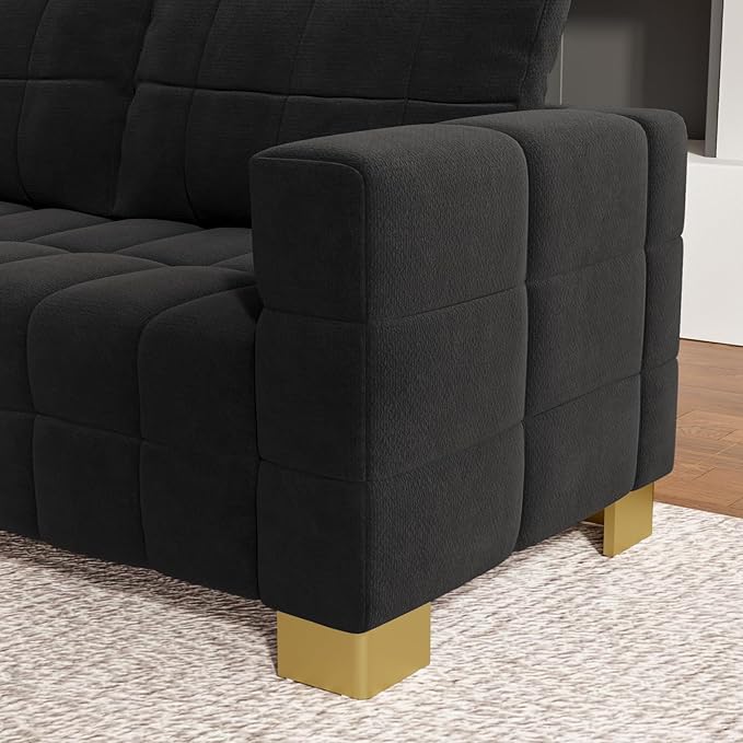 81.89 Sofa Comfy 3 Seat Sofa Tufted Chenille Upholstered Sofa Couch for Living Room with Gold Metal Legs and 2 Throw Pillows (Black（3+3）)