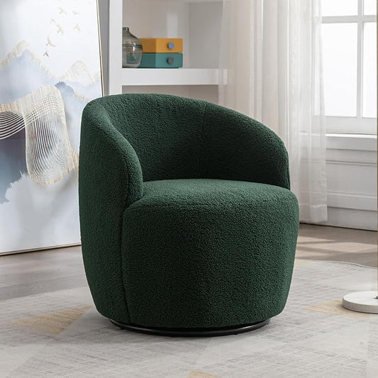KIVENJAJA Swivel Barrel Chair Teddy Sherpa Upholstered Modern Round Accent Arm Chairs Boucle 360 Degree Swivel Small Single Sofa Armchair for Nursery Living Room Bedroom (Teddy Green)