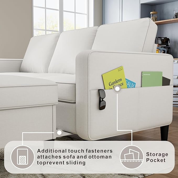 Sectional Sofa and Couches for Living Room 78'' Beige 3 Seat L-Shaped Couch with Movable Ottoman Comfy Linen Convertible Sectionals Sofas with Chaise for Apartment Dorm Small Space