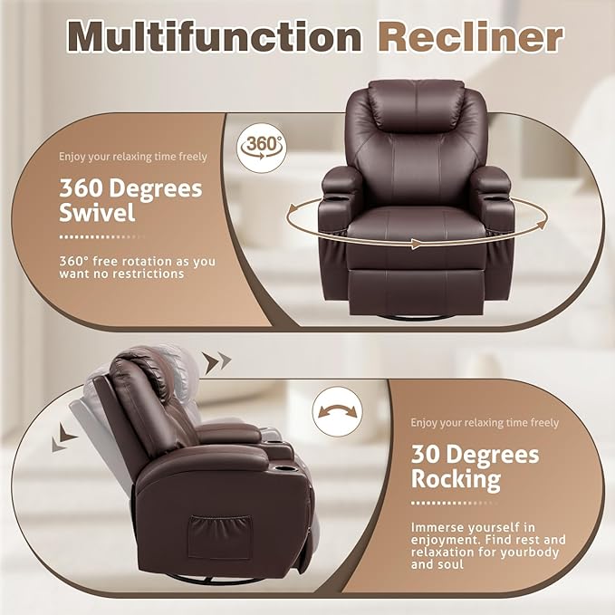 Recliner Chair 360° Swivel Rocker Chair for Adults Rocking Recliner Chair with Massage Comfy Single Sofa with Side Pockets Cup Holders for Living Room Bedroom Nursery (Leather Dark Brown)