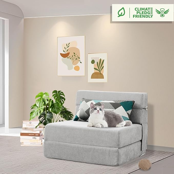 ANONER Folding Sofa Bed Couch Memory Foam Fold Out Chair Bed with Pillow Single Size Convertible Sofa Bed Futon Sleeper Chair Light Gray