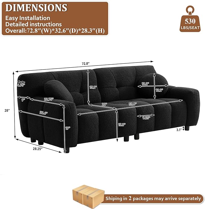 73 Boucle Cloud Sofa Couch with 2 Soft PillowsComfy Upholstered Teddy 2 Seater LoveSeat SofaModern Deep Seat Sherpa Cloud Couch Oversized Love Seat for Living Room Bedroom Apartment Black