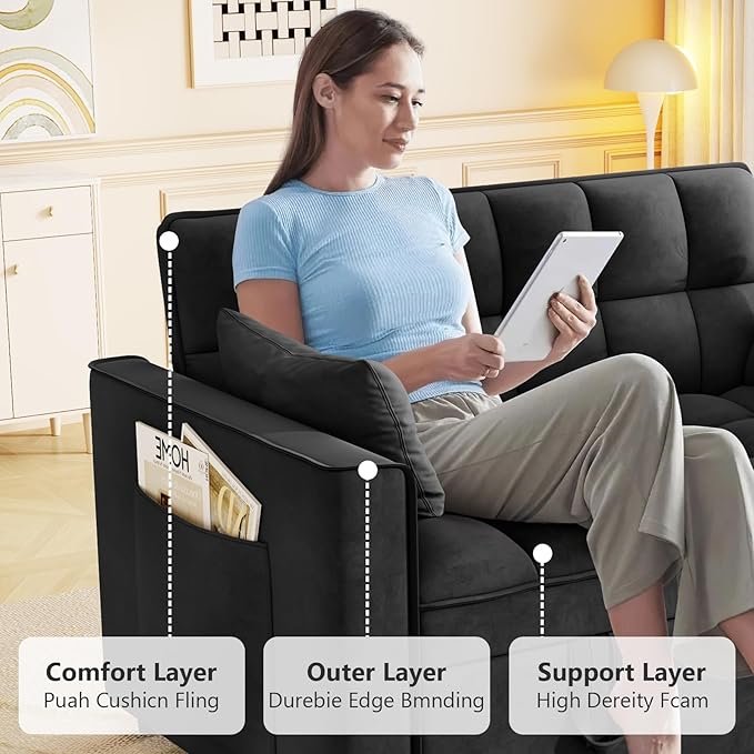 Hison Convertible Sleeper Sofa Bed 3 in 1 Pull Out Couch Bed with Adjustable Backrest Sectional Small couches for Small Spaces Loveseat for Apartment Living Room (Black Velvet)