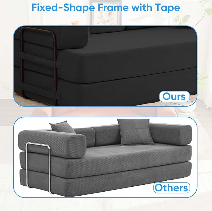 Mjkone 78.7 W Convertible Folding Mattress Couch with Armrest Corduroy Floor Sofa Bed with Metal Fixed-Shape Frame 5-in-1 DIY Futon Lazy Sofa Cama Lounge Couch for Living Room Bedroom Studio Grey