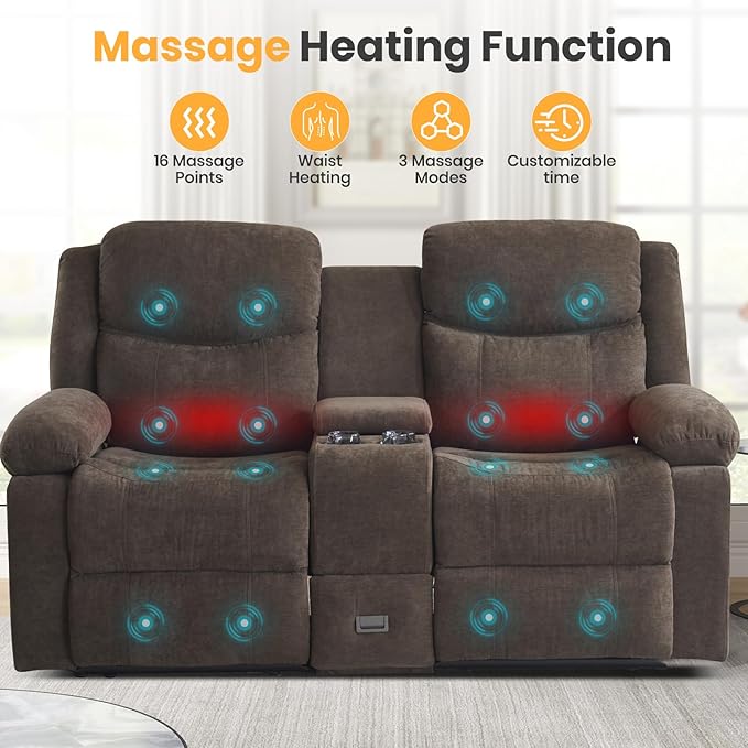 Reclining Loveseat with Console Loveseat Recliner Sofa with Massage &amp Heating RV Wall Hugger Double Loveseat Recliner Couch for Living Room &amp Home Theater (Chenille-Brown-2)