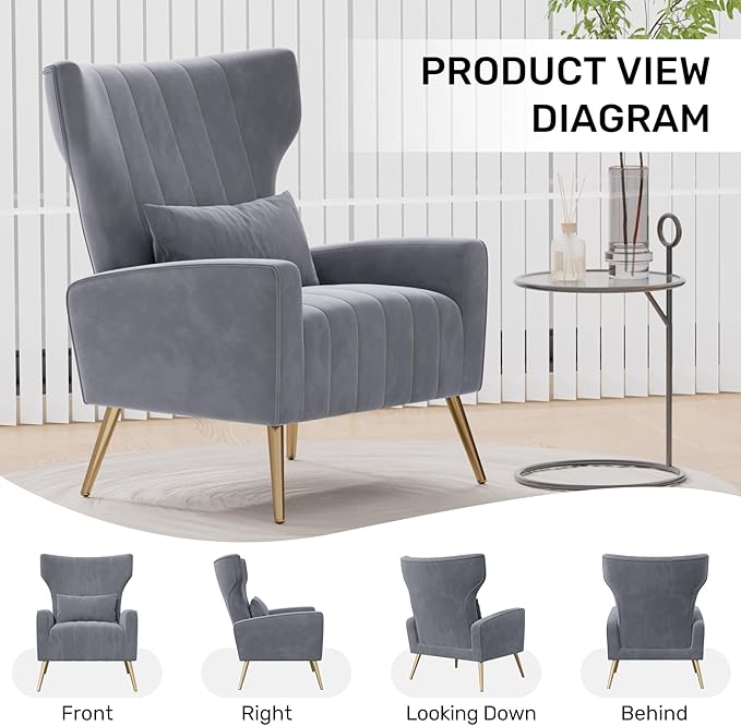 Nalupatio Velvet Fabric Upholstered Reading Comfy Mid Century Modern Armchair with Metal Legs and Spring Support Accent Chair for Living RoomGrey