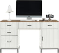 55 Executive Desk Modern Wood Office Table with Charging Station 5 File Drawer &amp 1 Storage Cabinet Home Computer Writing Desk for Work Study Living Room Bedroom (White)