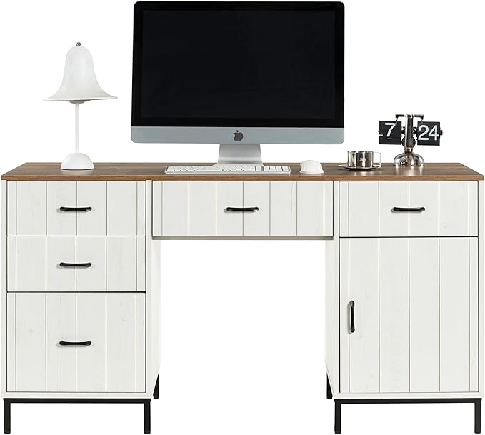 55 Executive Desk Modern Wood Office Table with Charging Station 5 File Drawer &amp 1 Storage Cabinet Home Computer Writing Desk for Work Study Living Room Bedroom (White)