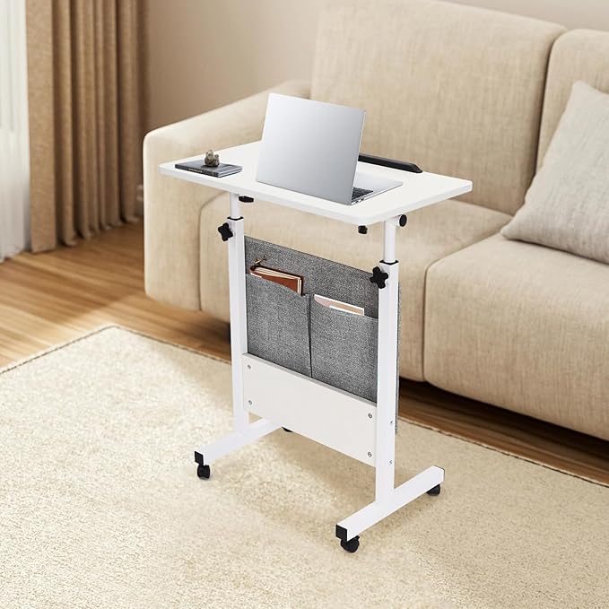 Adjustable Height Standing Desk 24in Portable Laptop Desk Rolling Computer Stand w/Storage Bag &amp Adjustable Height Ideal for Small Spaces and Home Offices (White 24 * 16in)