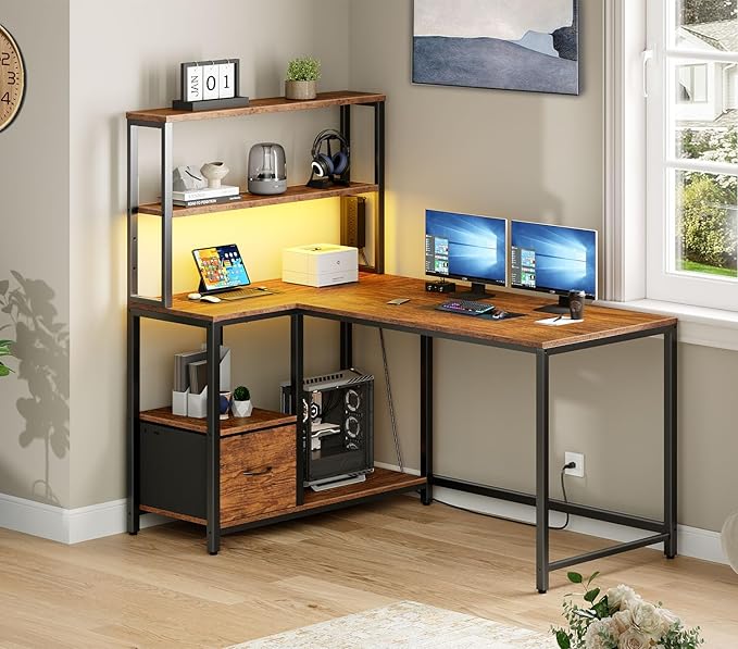 HOOBRO 2-Tier Printer Stand and L Shaped Gaming Desk Bundle Reversible Computer Desk with LED Light &amp Power Outlet for Home Office Study Rustic Brown and Black BF38UPS01-BF18UDDN01