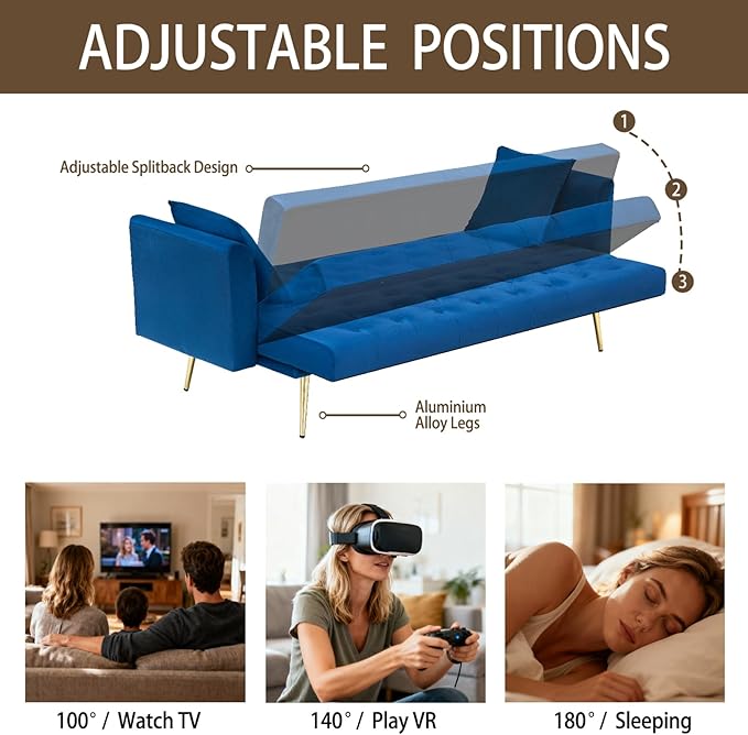 71 Velvet Futon Sofa Bed Convertible Sleeper Couch with 2 Pillows - Modern Loveseat Small Sofa 3-Angle Adjustable Backrest Golden Metal Legs for Living Room Bedroom Apartment Easy Assembly (Blue)