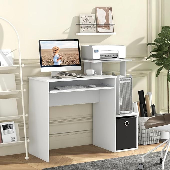 Tangkula Computer Desk with Fabric Drawer &amp Keyboard Tray Space-Saving Study Writing Desk with Open Storage Shelves &amp Printer Stand Modern Home Office Computer Workstation for Small Spaces (