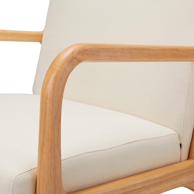 JOMEED Oak Wood Frame Mid Century Modern Accent Leisure Chair for Modern and Retro Decor Style Living Room with Soft Linen Upholstery Beige