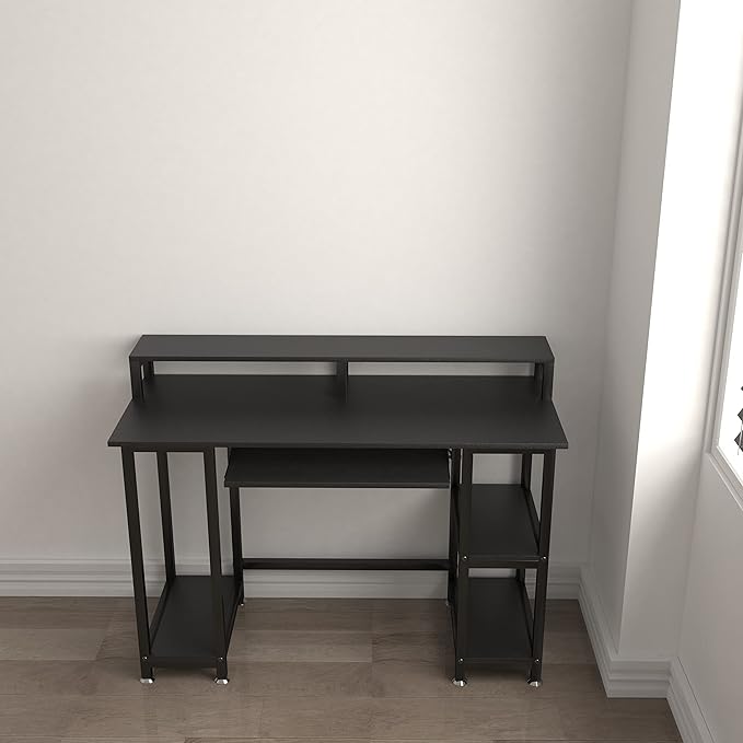 JSungo Small Computer Desk with Monitor Stand 47 Inch Home Office Desk with 2 Tier Storage Shelf for Small Space Sturdy Writing Gaming Table with Keyboard Tray and CPU Shelf Black