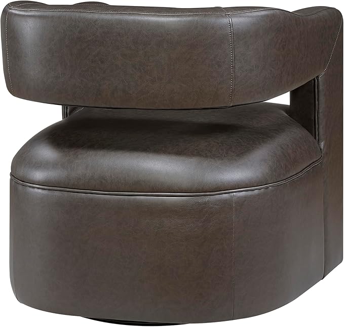 Lexicon 360 Degree Swivel Accent Chair Upholstered Modern Faux Leather Swivel Barrel Chair Attached Cushion Comfy Round Open Back for Living Room/Bedroom/Office/Apartment Assembled Dark Coffee