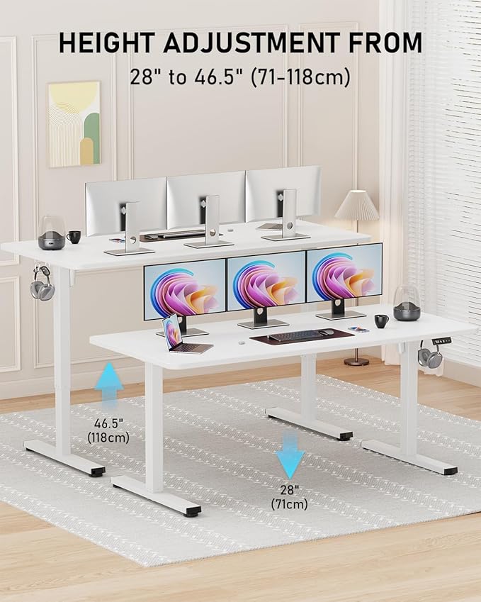 Standing Desk Large Height Adjustable Electric Stand up Desk 63 x 24 Inches Sit Stand Home Office Desk with Splice Board White Frame/White Top