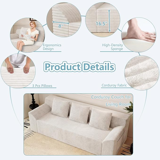 71Cloud Loveseat SofaModern 2-Seater Boneless Couch with 3Pillows &amp Side PocketSoft Corduroy LoveseatCompressed FoamDeep SeatNo Assembly for Living RoomBedroomApartment(Tilted Armrest Whi
