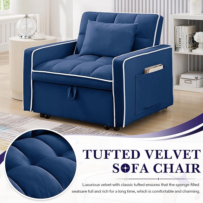 Antetek Convertible Sleeper Chair Bed 3 in 1 Modern Velvet Pull Out Sofa Bed Small Tufted Single Sleeper Chair with Adjustable Backrest/Pillow for Living Room Small Spaces Apartment Office Blue