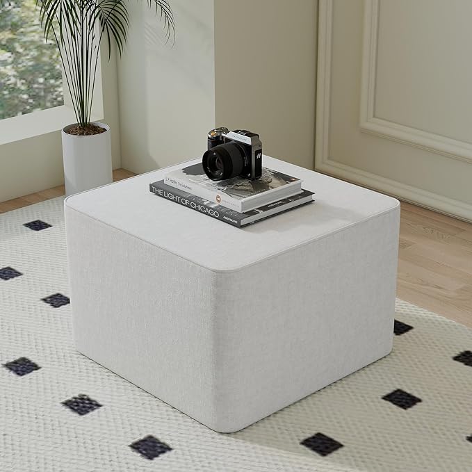 23.6'' Square Ottoman Chenille Foot Rest for Couch Sponge Filled Accent Ottomans for Living Room Office Bedroom - White
