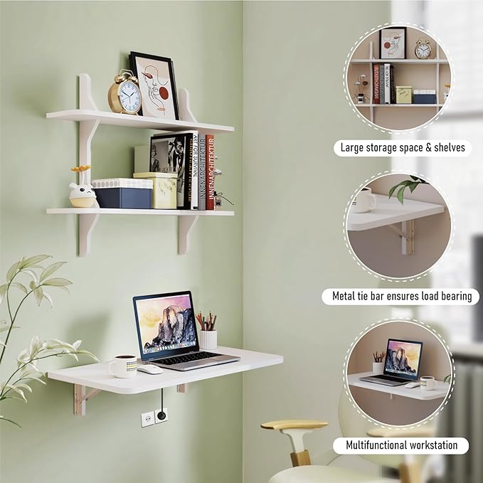 Pmnianhua Wall Mounted Folding Table 31'' Floating Laptop Desk with Shelves Foldable Drop Leaf Table Wall Mount Fold Down Table for Laundry Room Kitchen Bar Home Office Small Space(White)