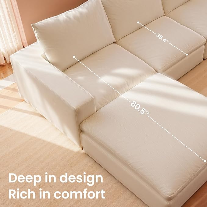Cloud Couch Sectional Oversized Modular Sofa with 35'' Deep Seat Boneless Couch Comfy Sofa Stain-Resistant White Sectional Couches for Living Room Apartment 4 Seater