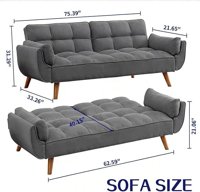 Convertible Futon Sofa Bed Modern Futon Couch with 2 Pillows Small Futons Couch with Adjustable Armrest &amp Backrest Loveseat Sofa Bed for Living Room Bedroom Deep Gray