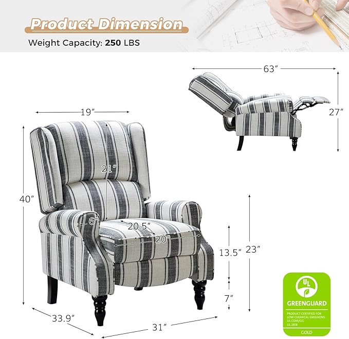 HULALA HOME Upholstered Wingback Recliner Chair Small Adjustable Footrest Push Back Single Reclining Sofa Mid Century Modern Lounge Armchair for Living Room Bedroom Reading/Stripe Black