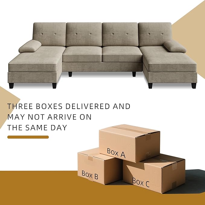 JAMFLY 107 U-Shaped Modern Sofa Modular Sectional Cloud Couch with Chaise 4-Seat Deep Seat Sofa for Living Room Bedroom and Apartment Khaki