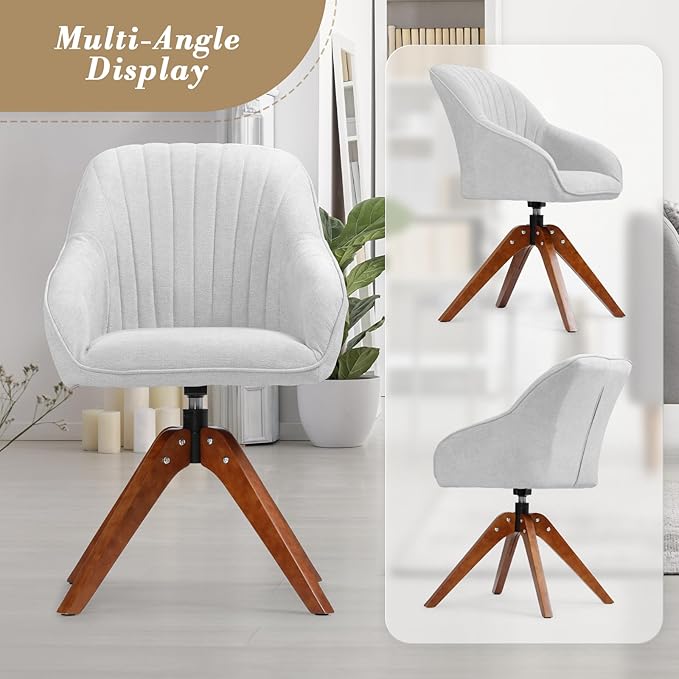 Athena Collection Swivel Modern Accent Chair Linen Upholstered Armchair Office Desk Chair No Wheels with Wooden Legs Comfy Vanity Chair Reading Chair for Bedroom Living Room Gray