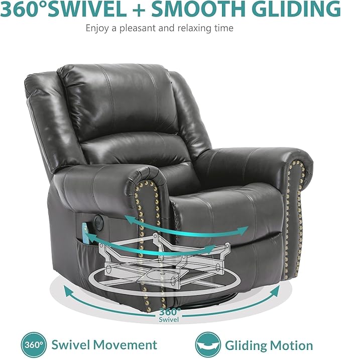 MEETWARM Oversized Massage Rocking Recliner Chair with Heat Manual Glider Swivel Rocker Recliner with High Back 360°Swivel Nursery Reclining Sofa with Remote Control/USB Port for Living Room(Gray)