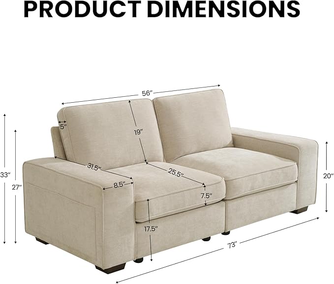 73 2-Seater Modular Sectional Sofa Loveseat Modern Comfy Chenille Couch with Removable Chenille Washable Cover Seat Storage and USB Port for Living Room Office Apartment Easy to Install Beige