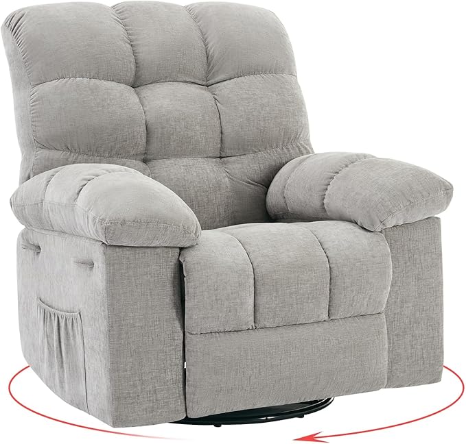 Rocking Recliner Chair 360° Swivel Glider Rocker Chair for Living Room &amp Nursery Upholstered Fabric Single Sofa with Side Pockets Heavy-Duty Steel Frame Lazy Recliner for Small Spaces Gray
