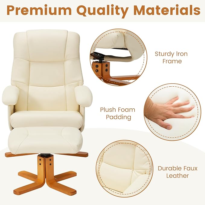 Swivel Recliner with Ottoman Chaise Lounge Chair Indoor Swivel Chairs for Living Room Small Space BedroomOffice (Beige)