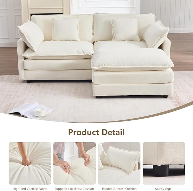 Modular Sectional Sofa Modern Loveseat Sofa Cloud Couch with Movable Ottoman Comfy Chenille Deep Seat L Shaped Couches for Small Living Room Bedroom Apartment Beige White