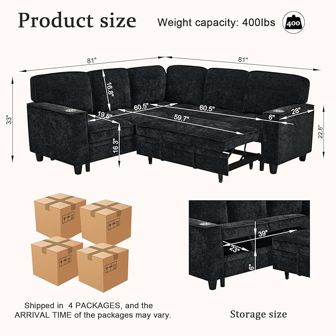 L-Shaped Sofa with Pull Out Sofa Bed Sleeper Sofa Couch Bed with Storage Seat 5 Seat Sectional Sofa with USB and Cup Holder for Living Room Apartment (Black-2.11)