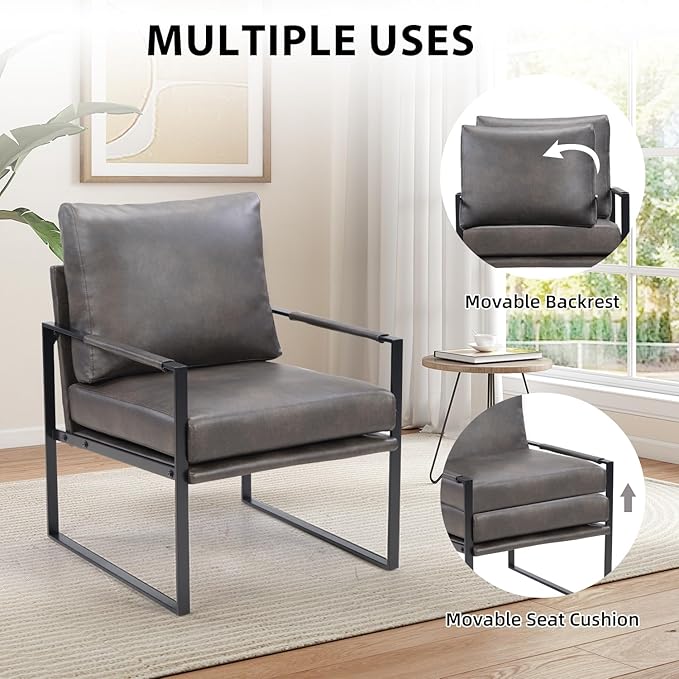 INZOY Mid Century Modern Accent Chair with Removable Cushions Set of 2 Comfy PU Leather Living Room Chairs with Thicker Backrest and Cushion Metal Frame Design Dark Grey