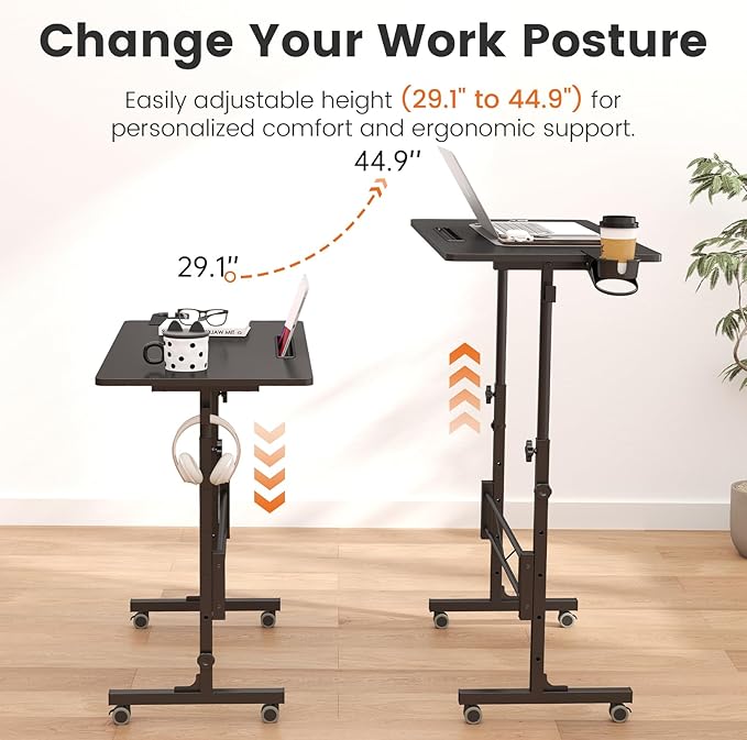 Hadulcet Small Standing Desk Adjustable Height Mobile Stand Up Desk with Wheels Portable Walking Pad Table Stand Rolling Laptop Cart for Standing or Sitting Black