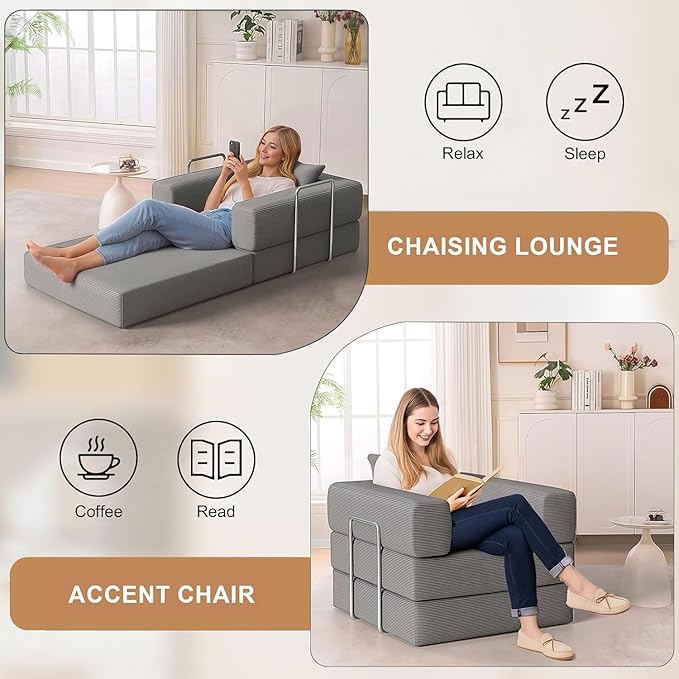 2-in-1 Floor Foldable Sofa Couch Convertible Sleeper Chaise Lounge Chair Indoor Portable Fold Out Futon Mattress with Back Support for Living RoomBedroom (Gray 35.43 Single Sofa)