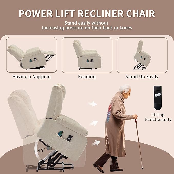 Oversized Power Lift Recliner for Elderly Extra Wide Electric Recliner Chairs with Massage and Heat Reclining Chair with Side Pockets Recliner for Living Room (Imitation Cashmere Khaki)