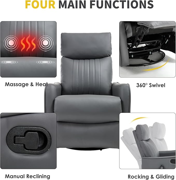 Swivel Rocker Recliner Chair 360° Swivel Recliner with Heat and Massage Rocker Recliner Nursery Glider Chair with Side Pockets for Living Room (Grey Faux Leather)