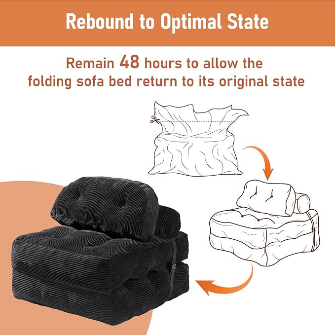 Folding Sofa Bed Convertible Sleeper Chair with Back Support and Pillow FutonBoneless Foldable Couch for Living Room/Guest Use/Home Office Foldable Chair Bed for Adults Black
