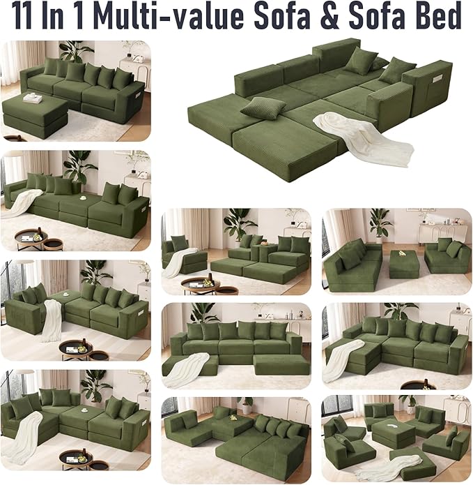 102 Upgraded L-shaped Modular Sectional Couches for Living Room Convertible Oversized Sleeper Sofa Bed-Luxury 1.5 Queen Bed. 11-in-1 Multifunctional Corduroy Boneless Folding Futon Couch Green.