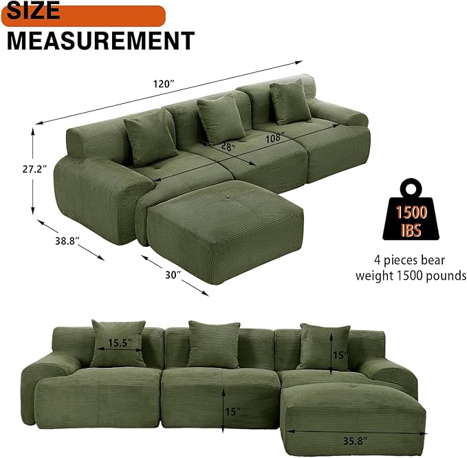 120 Modular Cloud Couch Sectional Boneless Couch with Ottoman Modern Modular L-Shaped Sofa Bed with Deep Seat Upholstered 3-Seater Sectional Couches for Living Room Apartments (Green)
