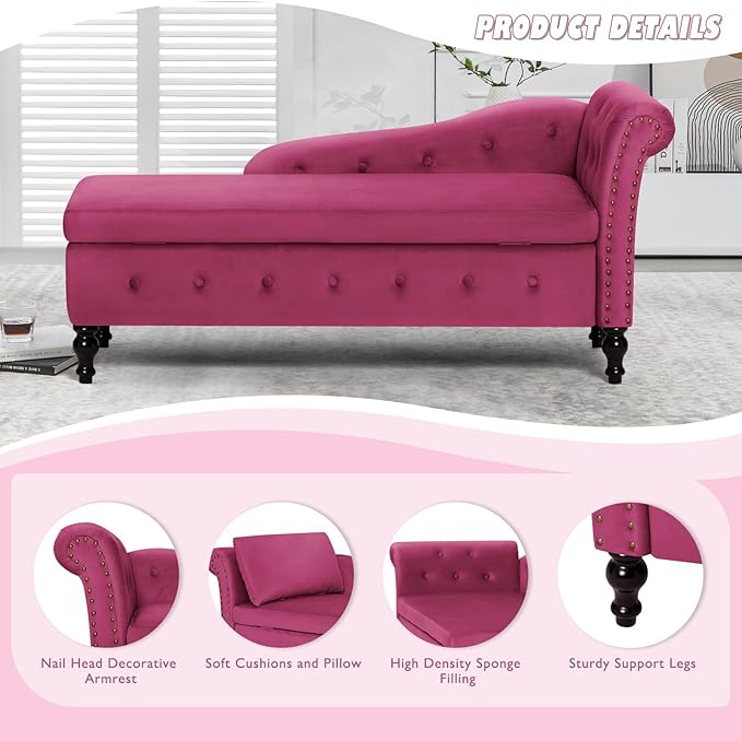 Upholstered Chaise Lounge with Right Armrest &amp Lumbar PillowButton Tufted Lounge Sofa with StorageLounge Chair IndoorModern Velvet Lounge Chair for Bedroom Living Room and OfficeFuchsia