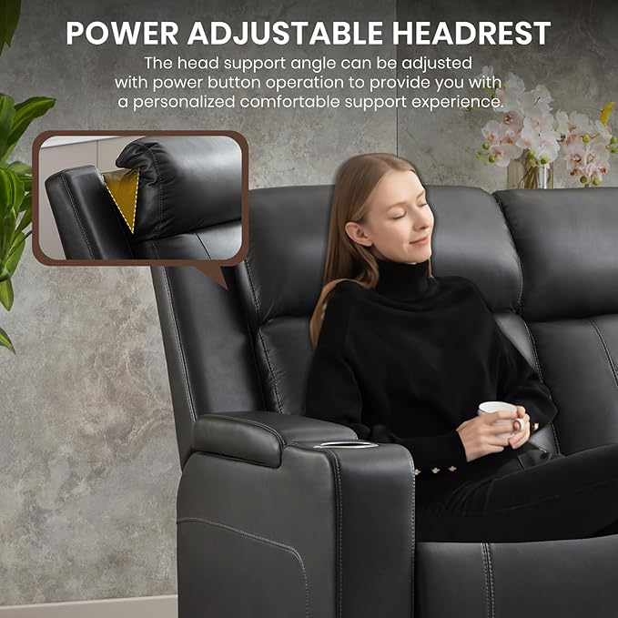 Power Reclining Sofa with Adjustable Headrest/LED Light Electric Reclining Couch with Dual Ports Storage Outlet Power Loveseat Recliner Sofa for Living RoomApartment (Dark Grey 3 Seater)
