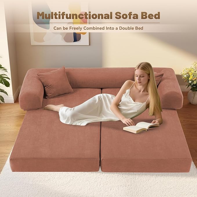 Convertible Futon Sofa Bed80 Folding Pull Out Couch Bed with StorageQueen Sleeper Sofa BedCompressed Couch in a BoxCorduroy Boneless Couches for Living RoomPink