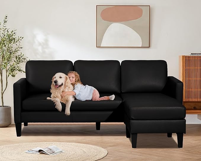 LEISU L Shaped Leather Sectional Sofa with Chaise for Small SpaceLiving Rooms Convertible CouchModern Modular Furniture Sets Suitable for HomeApartmentsDormBonus Living Room(Black)