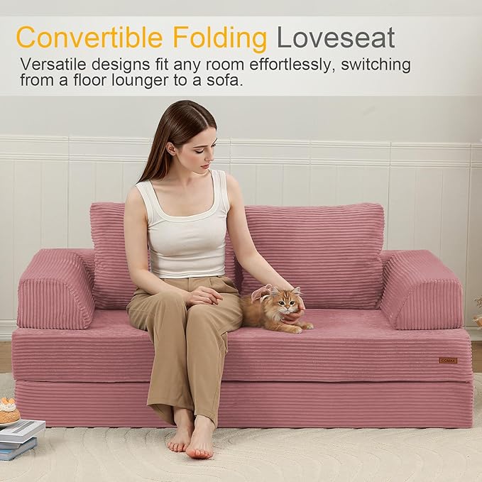 COMAX Futon Sofa Bed Convertible Folding Sofa Bed Boneless Couch Loveseat Corduroy with Pillows Small Foldable Floor Couch Comfy Lounge Sleeper for Living Room Bedroom Pink